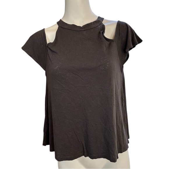 NWT LAmade Open Shoulder Distressed Look Tee T-shirt S Small Gray - Picture 1 of 8